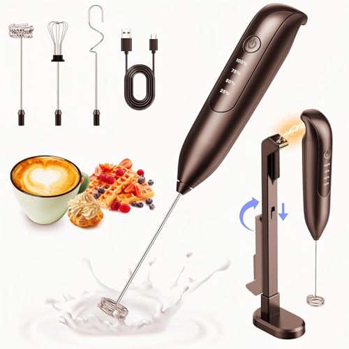 Image of Dynooper Electric Milk Frother Handheld: coffee frother rechargeable 3 in 1 - LED Display, Wireless Charging - 3 Speeds, Stainless Steel Whisk for Latte, Cappuccino - Jet Black