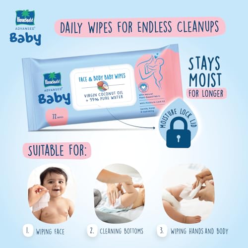 Image of Parachute Advansed Baby | Face & Body Baby Wipes | With Virgin Coconut Oil & 99% Pure Water | Hypoallergenic, Dermatologically Tested & pH Balanced | Moisture-lock Lid | 72 wipes