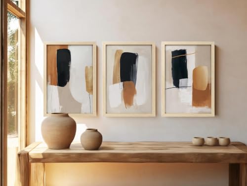Image of BLINKART Set of 3 NAVY OCHRE BRUSHSTROKE Natural Brown Frame Painting for Wall Decoration - Modern Art Wall Decor Framed Painting for Living Room Bedroom - Framed Wall Posters /Paintings (8X12 inch)