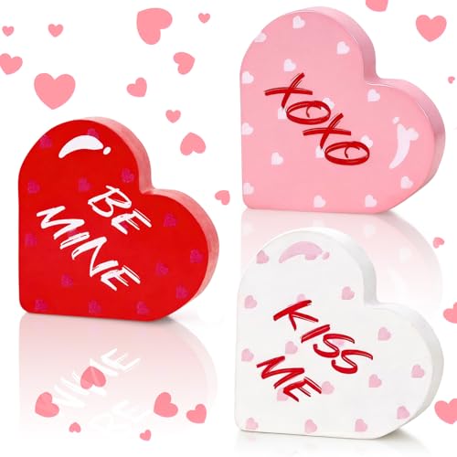 3 Pcs Wooden Conversation Heart Decorations - Heart Sign Table Decorations for Tiered Tray,Shelf, Mantel,Office,Bedroom,Romantic Heart Decor Signs for Wedding Anniversary Valentine's day