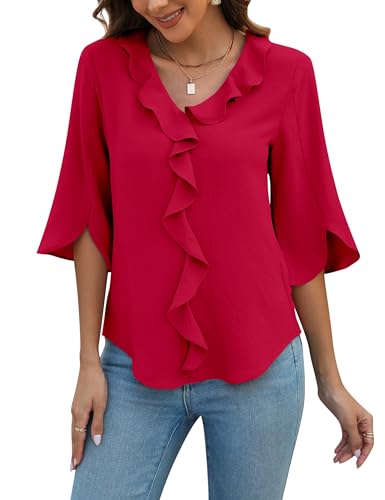 Blooming Jelly Womens Dressy Casual Blouses 3/4 Length Sleeve V Neck Ruffle Tops Business Ladies Summer 2026 Trendy Fashion Work Shirt (X-Large, Red)