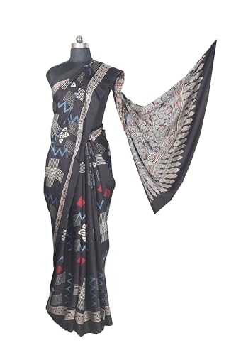 Image of Ethnics of Kutch Ajrakh Modal Silk Saree For Women | Natural Dye Hand Block Print |With Unstitched Blouse Piece | 5.5 Mtr Length (Black 27A01K)