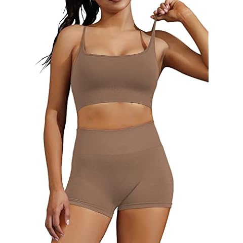 Chilylori Seamless Workout Set Yoga Sets for Women 2 Piece Ribbed Sports Bra Leggings Shorts Set Activewear Outfits, U1-khaki, Medium Cover