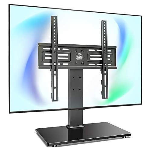 FITUEYES Universal TV Stand, Tabletop TV Stand for 27″-55″ TVs-Height Adjustments with Tempered Glass Base Stand & Wire Management,Max VESA 400×400 mm (Black)