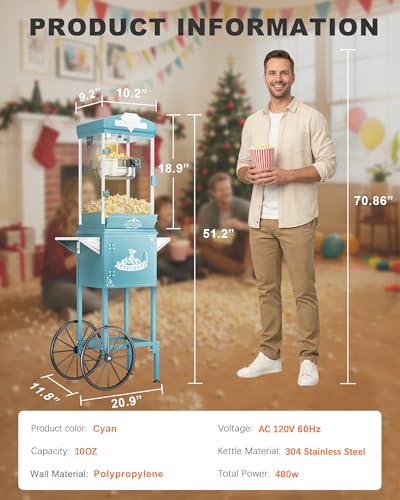 Image of 10 oz Popcorn Machine Cart, Popcorn Maker Machine with Wheel&Stainless-Steel Kettle Makes Up to 40 Cups, Vintage Movie Theater Style Pop Corn Machine, Cyan