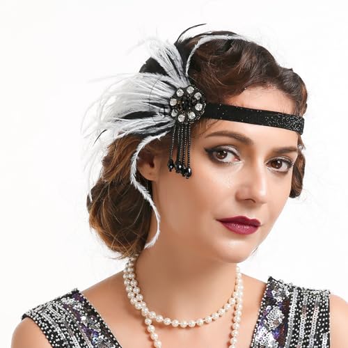 Cucudy Style rétro des années 20 - Accessoires pour costume de mafia et homme - Costume de mafia Gatsby - Art déco - Fête des années 1920 - Bijoux Gatsby pour femme - Bandeau à plumes - Accessoires de