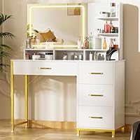 COMHOMA Vanity Desk with Mirror and Lights, Makeup Vanity Table with 4 Drawers & Storage Shelves, Large HD Mirror, 3 Color Modes & Adjustable Brightness, Modern Dressing Table for Bedroom, White