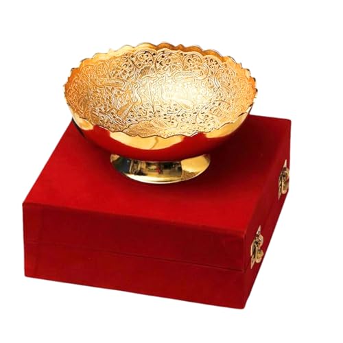 Piepot | Peacock Embossed Pure Brass Kheer Bowl | German Silver Bowl Set | Best for Gifting with Beautiful Red Velvet Box