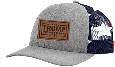 Trenz Shirt Company Political Trump Take America Back 2024 Embroidered Leather Patch Trucker Snapback Hat- Heather Grey/American Flag