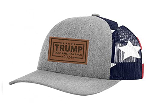Trenz Shirt Company Political Trump Take America Back 2024 Embroidered Leather Patch Trucker Snapback Hat- Heather Grey/American Flag #TOP27