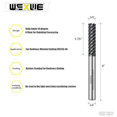 Image of Tools Extra Long Carbide End Mills,6 Flute Square Milling Cutter,High Helix Angle for High Hardness Steel Finshing Milling Processing - 3 /8 Shank (3 /8-4.0 inch 1PCS)