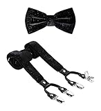 TIE G Men's Glitter Velvet Suspender + Bow Tie Set for Wedding, Party : Glittering Effects, Adjustable Braces, Strong 6 Clips (Galaxy Black)