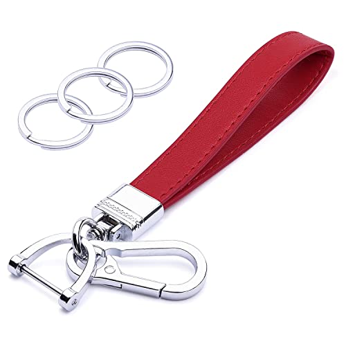 Wisdompro Genuine Leather Car Keychain, Universal Heavy Duty Leather Key Fob Keychain Key Chains Women For Car Keys, 360 Degree Rotation, With Anti-Lost D-Ring And 3 Keyrings - Red #TOP5