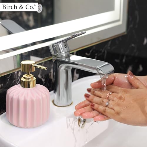 Image of Ceramic Soap Dispenser for Wash Basin - Handwash Dispenser Bottle - Leak-Proof Design with Silver Glossy BPA-Free Pump, Rivo, Pink, Pack of 2,SoapDispenser RivoCombo PinkPink