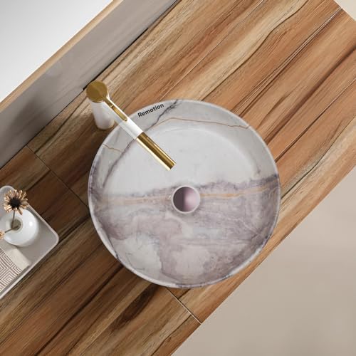 Image of REMOTION Round Countertop Wash Basin For Bathroom | Tabletop Ceramic Bathroom Sink | Wash Basin Over Counter | Wash Basin For Living Room, Resturent (12.5 x 12.5 x 5 Inch) (Designer Grey)