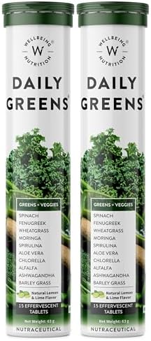 Wellbeing Nutrition Daily Greens | Wholefood Multivitamins with Vitamin C, Zinc, B6 for Immunity & Detox with Organic Certified Plant Superfoods & Antioxidants (15 Effervescent Tablets) Pack of 2