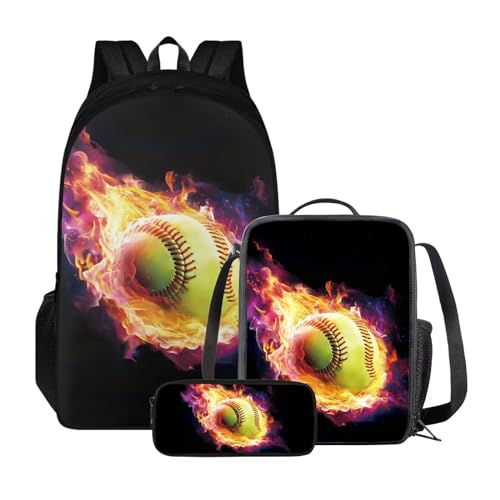 Set di 3 zaini per la scuola per ragazzi e ragazze con portapranzo e astuccio per matite grande capacità per e studenti Softball Con Fuoco