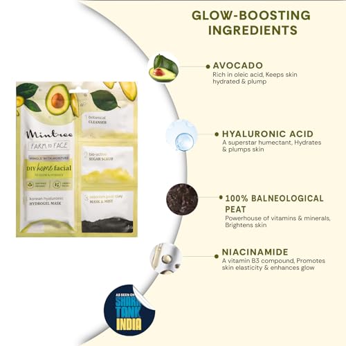 Image of Mintree Avacado Brightening Home Facial Kit for De-Tan, Skin Radiant Glow & Intense Hydration with Korean Sheet Mask Collagen and European Peat Clay | Anti-Aging Skincare Facial kit for Women & Men for Glowing Skin