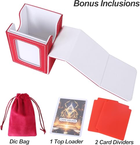 Image of AFIING MTG Deck Box for Commander Display,Card Deck Box Fits 60+ Double Sleeved Cards or 100+single sleeved cards, Magic Commander TCG Card Storage Box with 2 Dividers,Dice Bag(Red /White)
