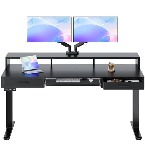 Image of HUANUO 63″ x 26″ Electric Standing Desk with 2 Drawers &24.4″ Large Keyboard Tray, C-Clamp Mount Compatible, Adjustable Computer Desk for Office, Sit Stand Up Desk with 4 Height Presets, Black