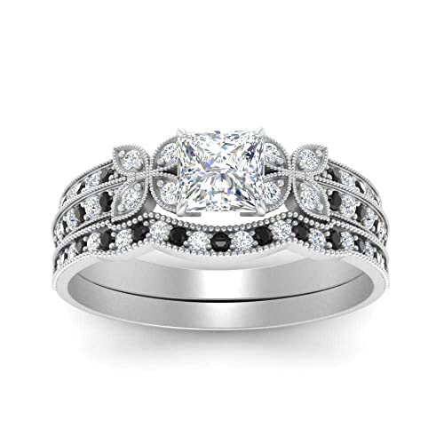 Image of Choose Your Gemstone Milgrain Petal Diamond CZ Wedding Ring Set 925 Sterling Silver Princess Shape Wedding Ring Sets Lightweight Office Wear Everyday Gift Jewelry US Size 4 to 12