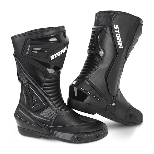Stivali da moto Storm in vera pelle, impermeabili, con protezione anti-scivolo, da corsa e sportivi, omologati CE (Black, 44, Sistema Taglie Calzature EU, Adulto, Uomo, Numero, Media, 44)