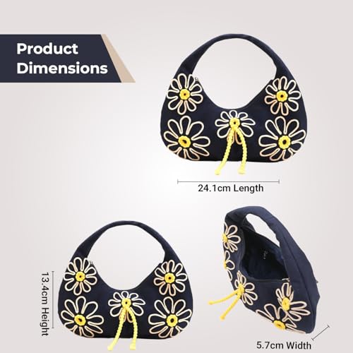 Image of Boho Girl Indigo Blossom Tote Bag - Navy Blue Floral Handbag for Women with Embroidered Flowers, Padded Handle & Ribbon Detail - Chic Shoulder Bag for Travel, Brunch