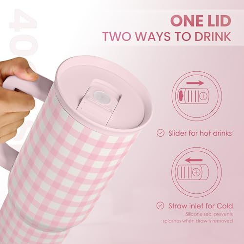 Image of SANDJEST Pink Gingham 40oz Slider Tumbler with Handle and Straw - Insulated Stainless Steel Travel Coffee Mug for Women Girls, Gift for Birthday, Christmas