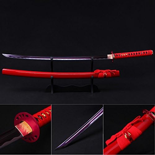 TEKIIOO Katana Sword, Fully Handmade Real Japanese Sword 1040 High Carbon Steel Samurai Sword with Wooden Scabbard Alloy Guard (Red)