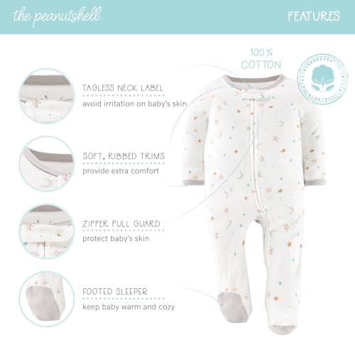 The Peanutshell Baby Sleepers for Boys or Girls Set of 3 - Soft Cotton Unisex Footed Pajamas for Newborns - Celestial2