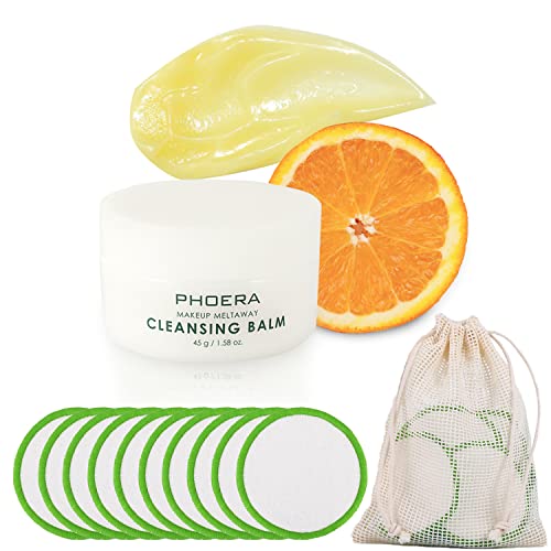 Phoera Makeup Remover Creams Nourishing Cleansing Balm With Sweet Orange Essential Oil For Face, Eye And Lip, Reusable Bamboo Cotton Makeup Remover Pads (10 Pack), 45G / 1.6Oz #TOP9