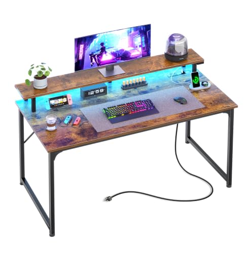 PRAISUN 40 inch Gaming Desk, LED & Outlets, Monitor Stand, Rustic Brown