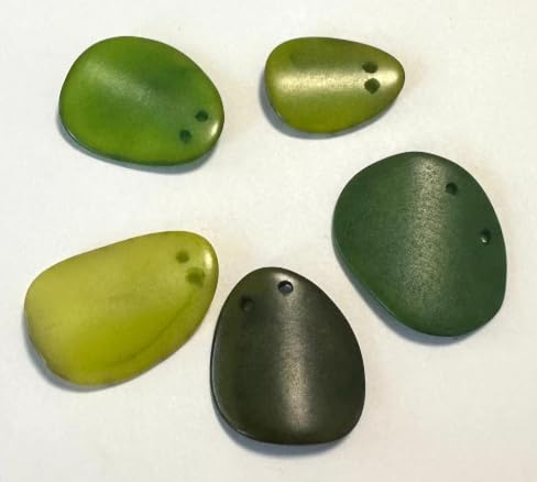 Tagua Beads. Mini Slices in Nail Shape. Green Slices, Beads, Chips in Mix of Green Colors. Top Drilled 2 Holes. 30 Pieces. Natural Jewelry