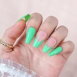 French Tip Press on Nails Medium Coffin, 24pcs Golden Edge Green Apple Acrylic Fake Nails Full Cover