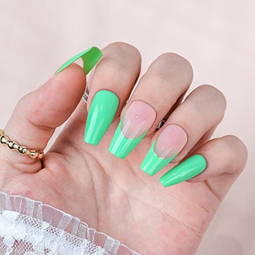 French Tip Press On Nails Medium Coffin, 24Pcs Golden Edge Green Apple Acrylic Fake Nails Full Cover Natural, Shimmery False Nails With Designs, Glue On Nails For Women Girls #TOP1