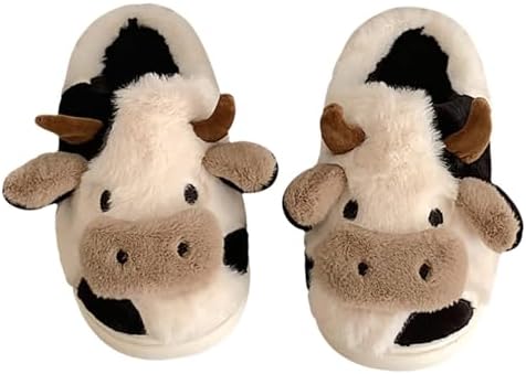 Fuzzy Cow Slippers for Women Men, Cute Cotton Animals House Shoes Fluffy Plush Slippers for Girls Indoor Living Room Bedroom