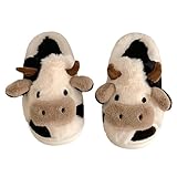 Fuzzy Cow Slippers for Women Men, Cute Cotton Animals House Slippers Fluffy Plush Slipper Girls Indoor Living Room Bedroom Garden Use, Size 8.5-9.5