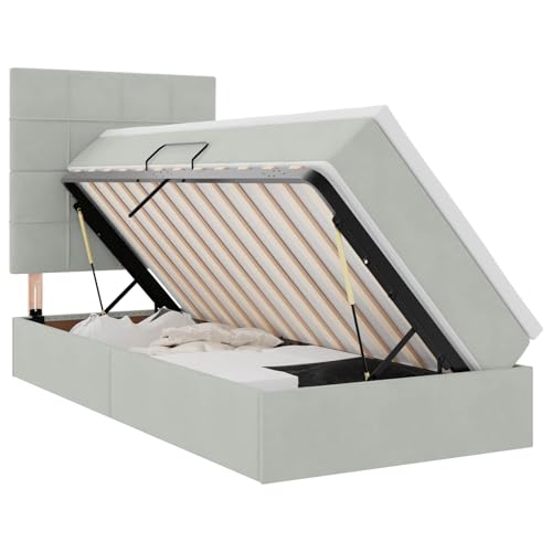 mtlskopl Letto portaoggetti a LED, 90 x 190 cm, in velluto, grigio chiaro, con illuminazione RGB, struttura in metallo, design moderno, per camera dei ragazzi, camera da letto, camera degli ospiti