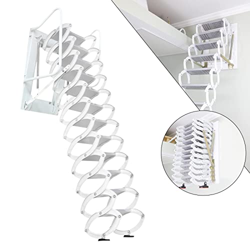 Wall-Mounted Attic Telescopic Stairs, White Wall Mounted Folding Ladder Scissor Structure Loft Ladder, 882Lb Space Saving Al-Mg Alloy Folding Lift Stairs For Home Indoor Outdoor #TOP1