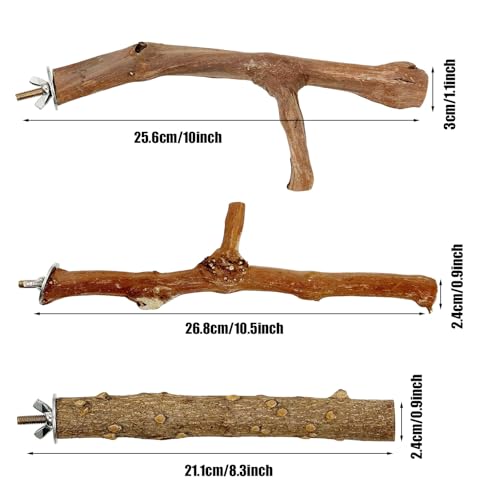 Image of Woohome 3 PCS Natural Grape Stick Natural Wooden Parrot Stand, 2 Grape Wood Perch, 1 Stand, Paw Grinding Fork Bird Perch Stand for Cage Accessorie, Cockatiels, Small Birds