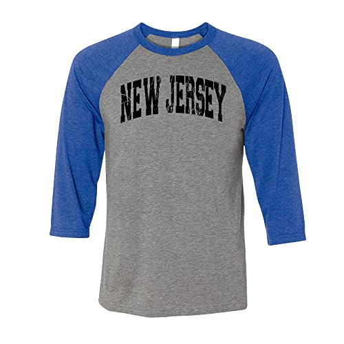 Distressed New Jersey Collegiate Three-Quarter Raglan Sleeve Baseball Shirt Unisex X-Large Grey/Royal
