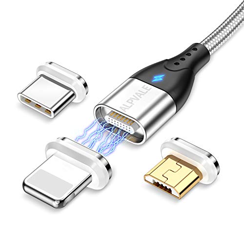 ALPVALE Magnetisches 3 in 1 Multi USB Ladekabel [1m Silber] Nylon Quick Charge Kabel Datenkabel mit Micro USB Typ C Adapter für Phone 11 Samsung Galaxy S10 S7 A51 Redmi Huawei P20 OnePlus Kindle PS4