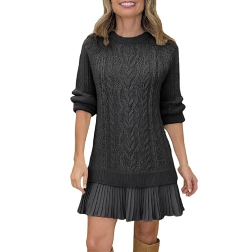 Vestido Mini de Punto Trenzado con Cuello Redondo para Mujer, Vestido Plisado de Manga Larga con Corte A, Color Liso, Traje Casual de Otoño (Black,XL)