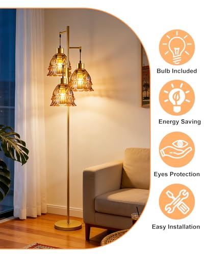 Image of Lightdot 3-Lights Glass Floor Lamp Dimmable Gold Floor Lamps with Brown Glass Shade 3000K Bulbs Included Unique Modern Standing Tall Lamp with 5Lbs Heavy Base for Living Room /Bedroom /Sofa Beside