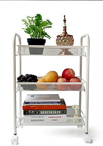 EXILOT 3-Tier Mesh Wire Rolling Cart Multifunction Utility Cart Kitchen Storage Cart on Wheels, Steel Wire Basket Shelving Bathroom Trolley,Easy moving (White)