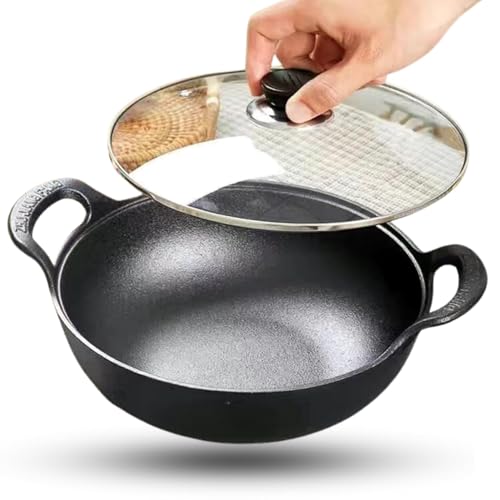 Image of HomeEssentials Cast Iron Kadai with Lid /Pre Seasoned Iron Kadai with 2 Handles and Flat Base /Iron Kadhai for Cooking /Uncoated Wok for Electric Induction (with Glass Lid 27cm), Black