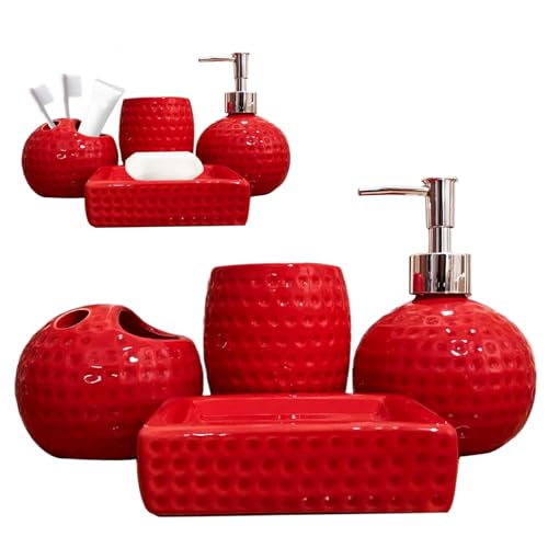Juego de baño de cerámica roja para Navidad con soporte de cepillo y jabonera elegante 8