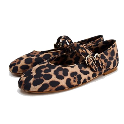 Womens Leopard Print Ballet Flats Round Toe Double Strap Casual Ballerina Shoes Comfortable Red Mary Jane Flat for Women2