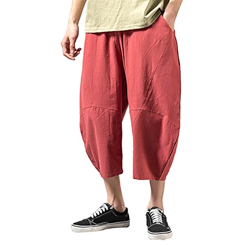 BUKINIE Pantalones harén para hombre, estilo casual, ajuste relajado, de lino, algodón, cintura elástica, color sólido, holgados, pantalones capri de playa, rosso, 3XL