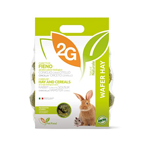 SNACK NATURALE AL FIENO PER CONIGLI E RODITORI: Wafer Hay di 2G Pet Food sono gustosi snack a base di fieno a fibra lunga naturale pressato. Inoltre, Mantiene l’efficienza gastrointestinale ed esercita e consuma la dentatura.